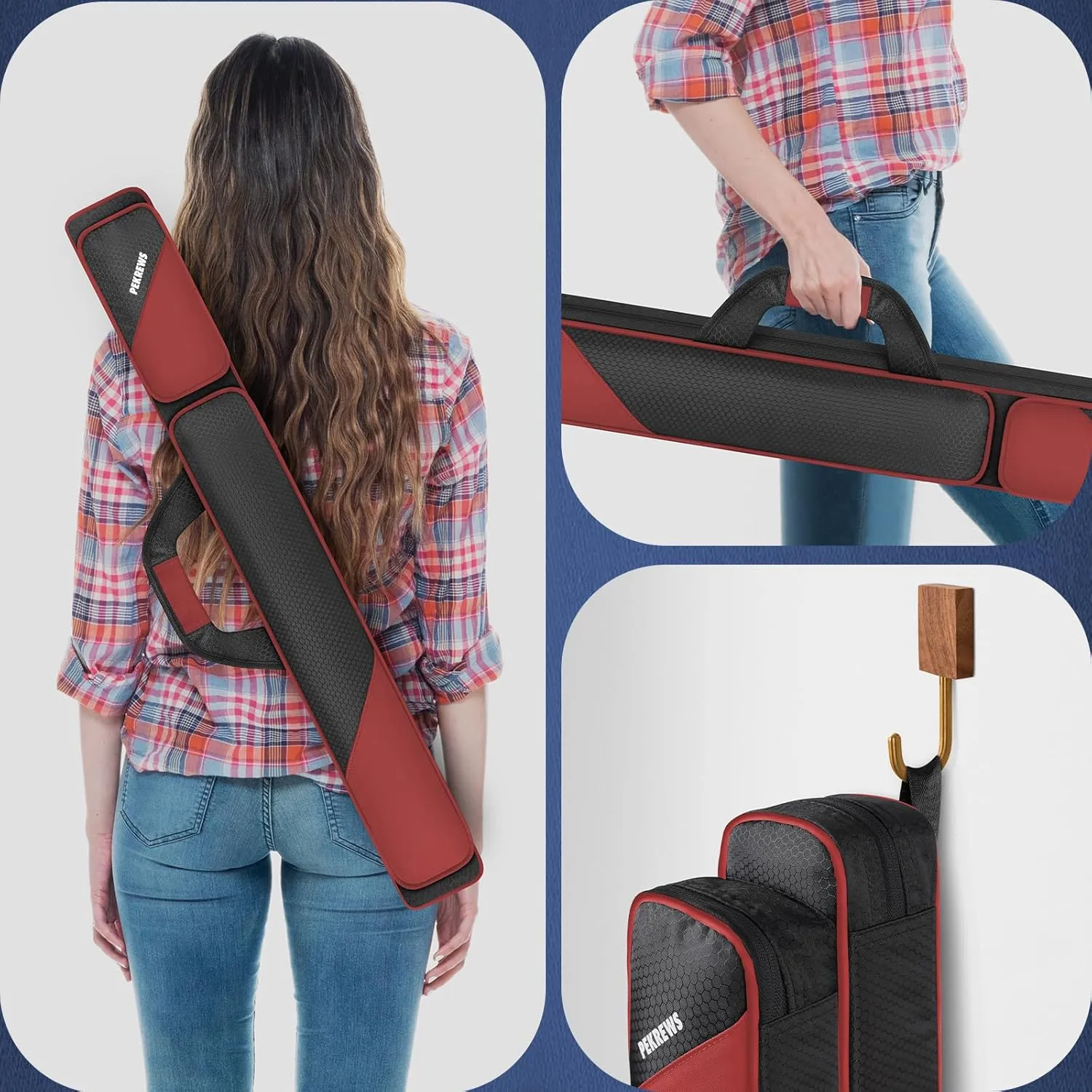 Pool Cue Case, Pool Stick Case 2x2 Holds 2 Sticks with 2 Accessory Zipper Pockets, Sturdy Polyester Pool Cue Carry Bag with Shoulder Strap Handle, Soft Billiard Cue Sling Bag for Men and Women