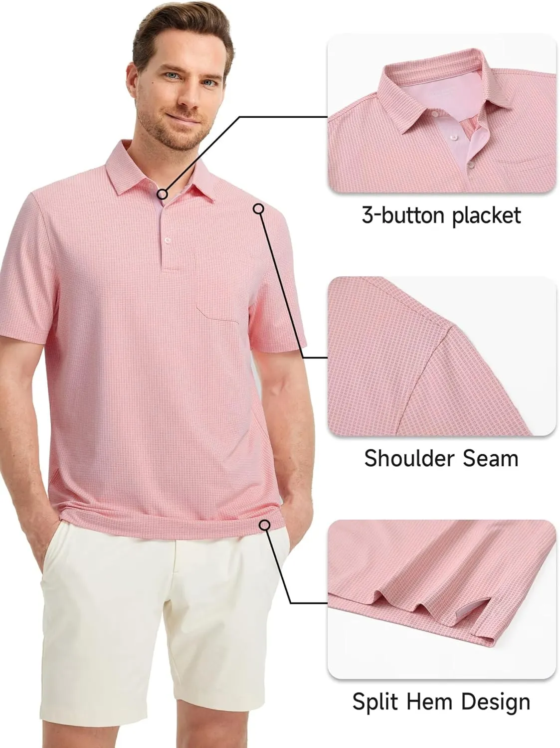 Rouen Mens Golf Shirts Short Sleeve Dry Fit Jacquard Performance Moisture Wicking Casual Pocket Collared Polo Shirts for Men
