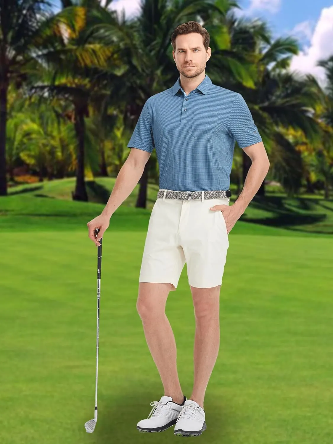 Rouen Mens Golf Shirts Short Sleeve Dry Fit Jacquard Performance Moisture Wicking Casual Pocket Collared Polo Shirts for Men