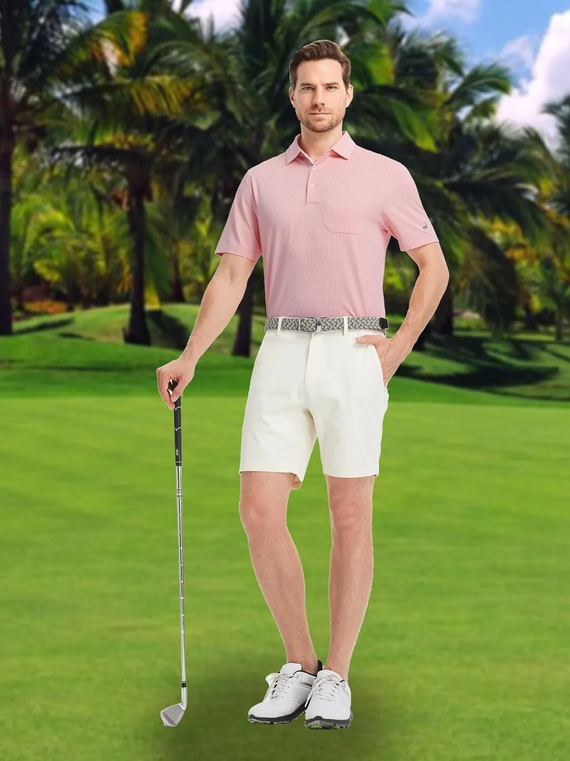 Rouen Mens Golf Shirts Short Sleeve Dry Fit Jacquard Performance Moisture Wicking Casual Pocket Collared Polo Shirts for Men