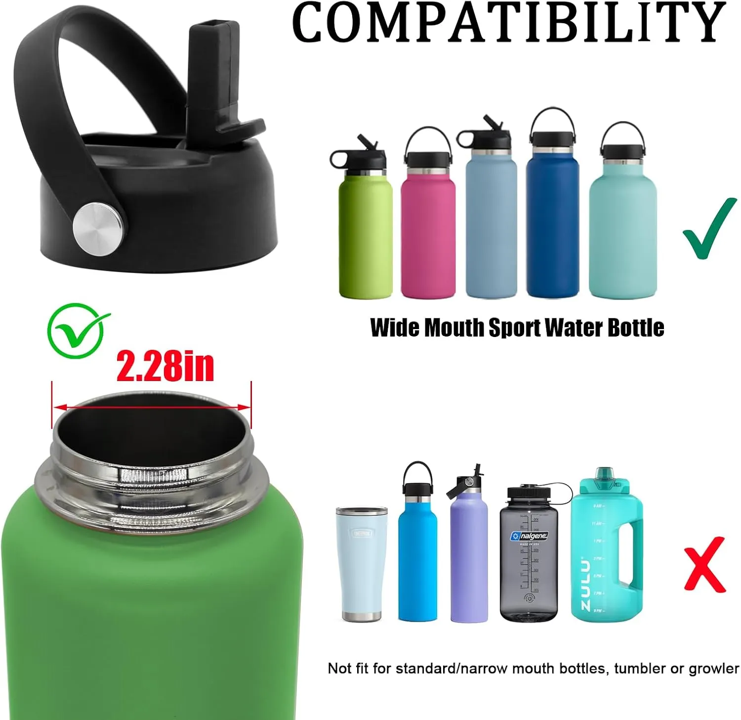 Straw Lid for Hydro Flask Wide Mouth Water Bottles, Top Lids with Straw for Hydroflask 32 40 oz, Replacement Straw Cap for HydroFlask Accessories with Flexible Handle