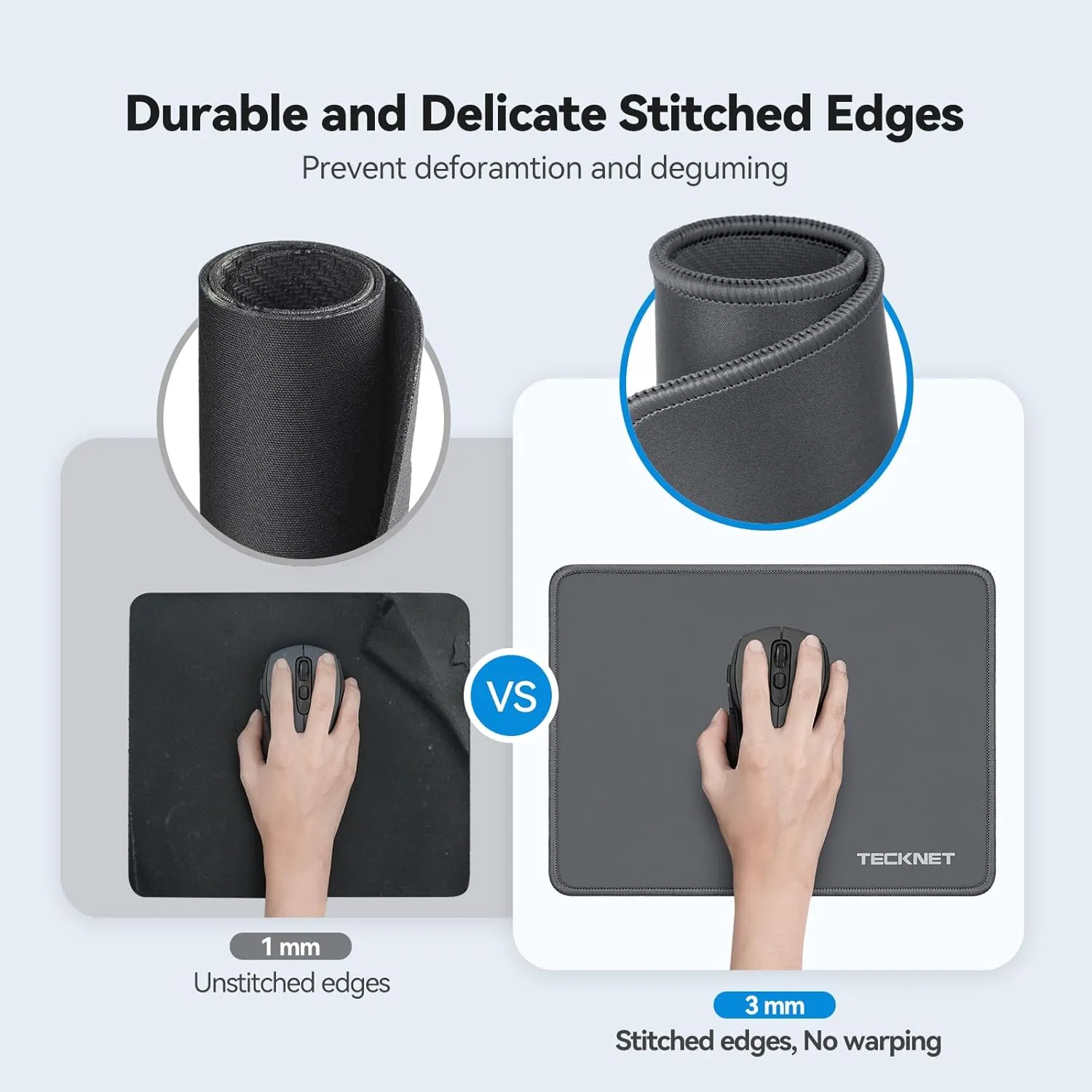 TECKNET Mouse Pad with Anti-fray Stitchin, Waterproof Surface & Non-Slip Rubber Base with Stitched Edges Gaming Mouse Mat for LaptopCompatible with Laser and Optical Mice - Dark Gray