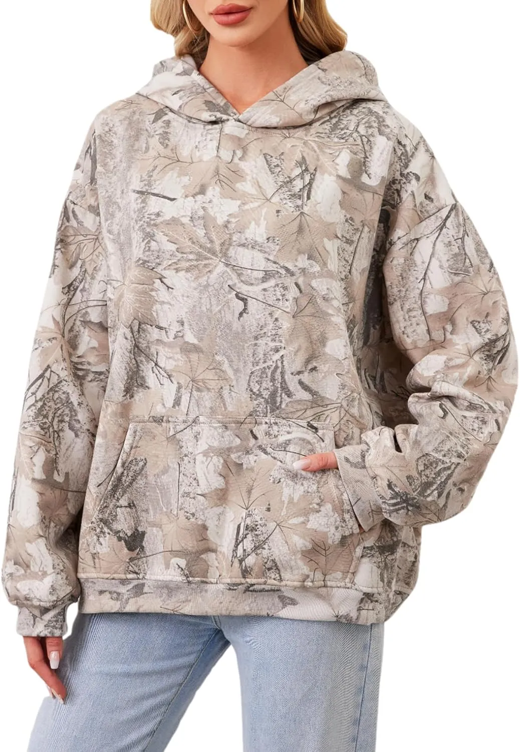 Women Camo Hoodies Oversized Maple Leaf Fleece Hooded Sweatshirt Long Sleeve Fall Trendy Pullover Hoodie with Pocket