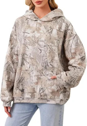 Women Camo Hoodies Oversized Maple Leaf Fleece Hooded Sweatshirt Long Sleeve Fall Trendy Pullover Hoodie with Pocket