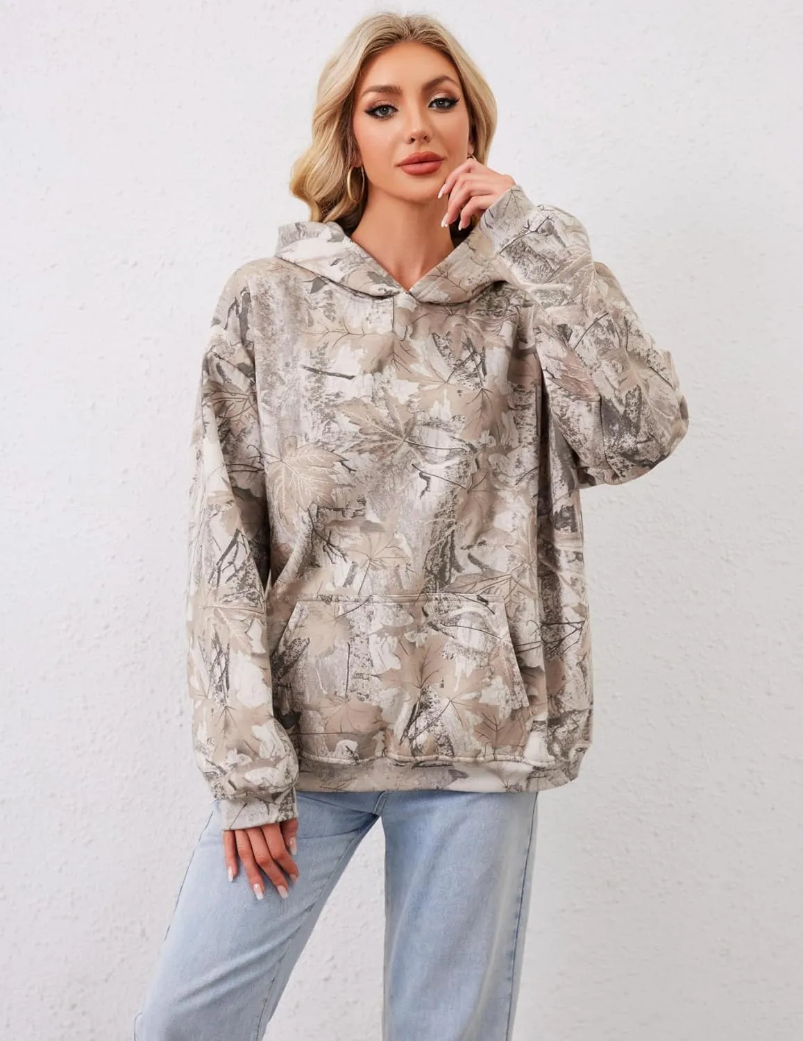 Women Camo Hoodies Oversized Maple Leaf Fleece Hooded Sweatshirt Long Sleeve Fall Trendy Pullover Hoodie with Pocket